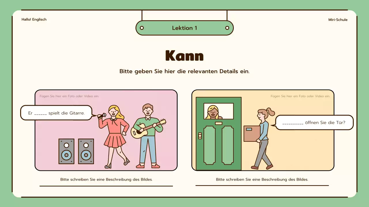 Englischunterricht mit niedlichen Illustrationen in Beige und Grün