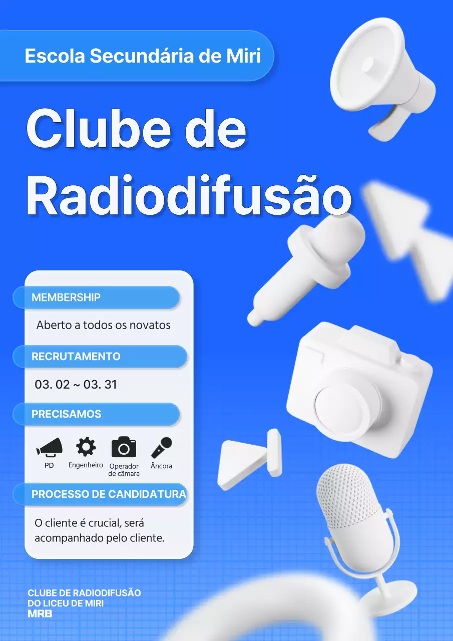 Recrutamento de novos membros de um clube de radiodifusão do liceu, com texto simples em azul e branco.