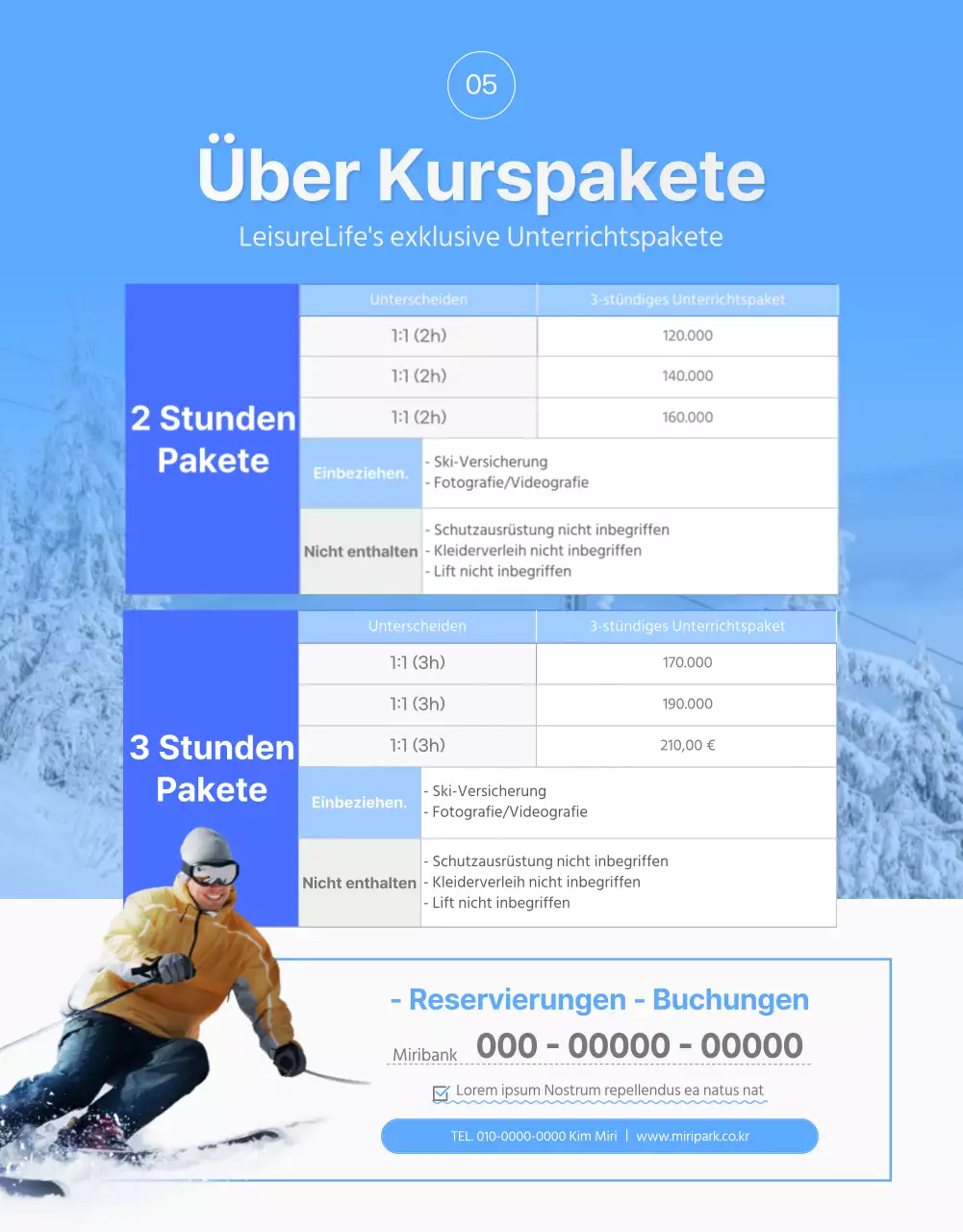 Eine einfache weiß-blaue Skilehrer-Detailseite