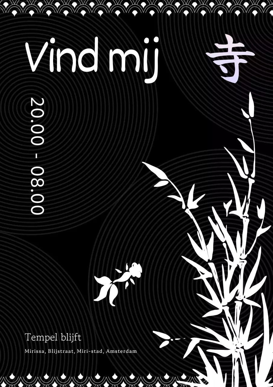 Rustig en eenvoudig tempelverblijf promotiekunst met zwart-witte inkttekeningen.