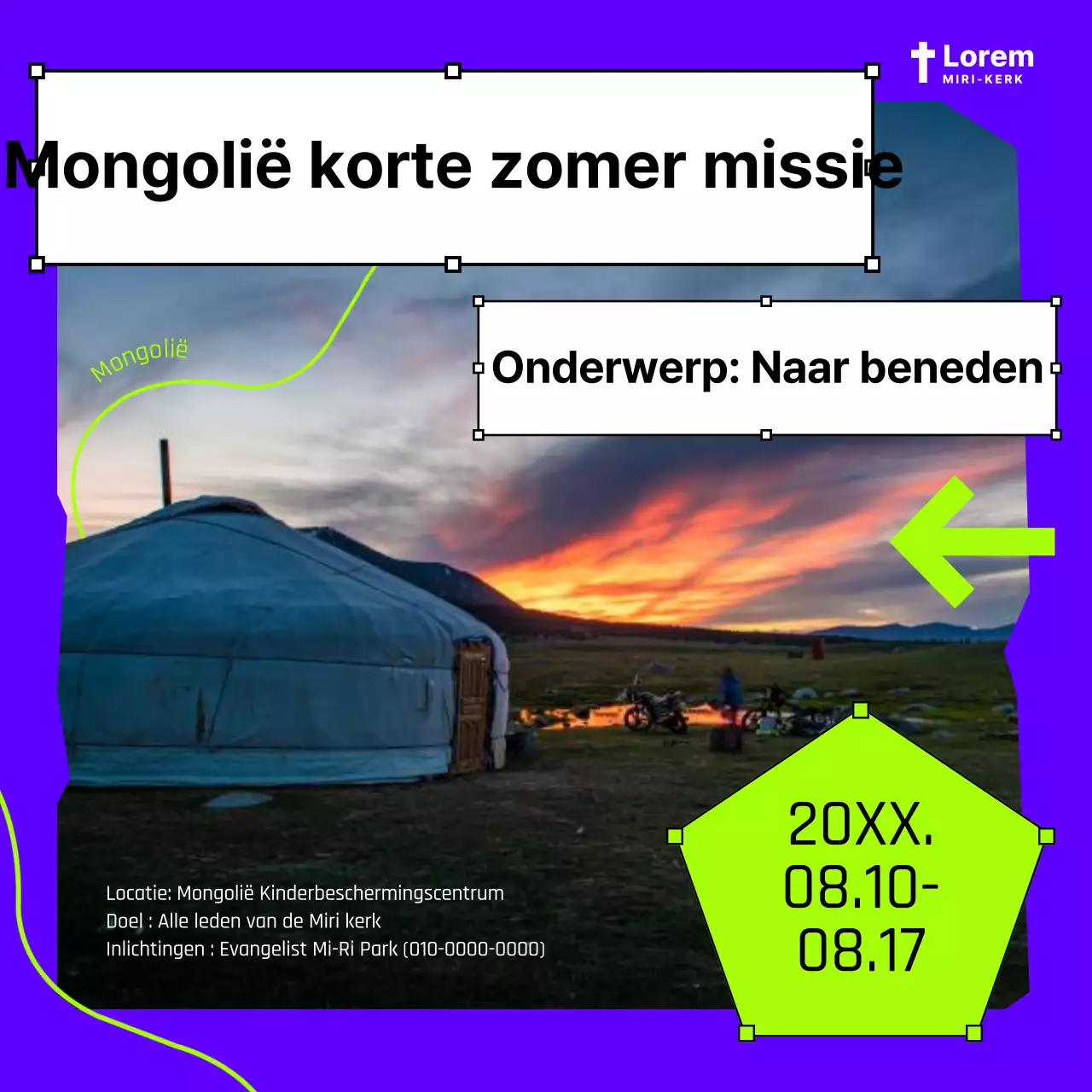 Promoot kortetermijnmissies in een blauw en chartreuse vormframe