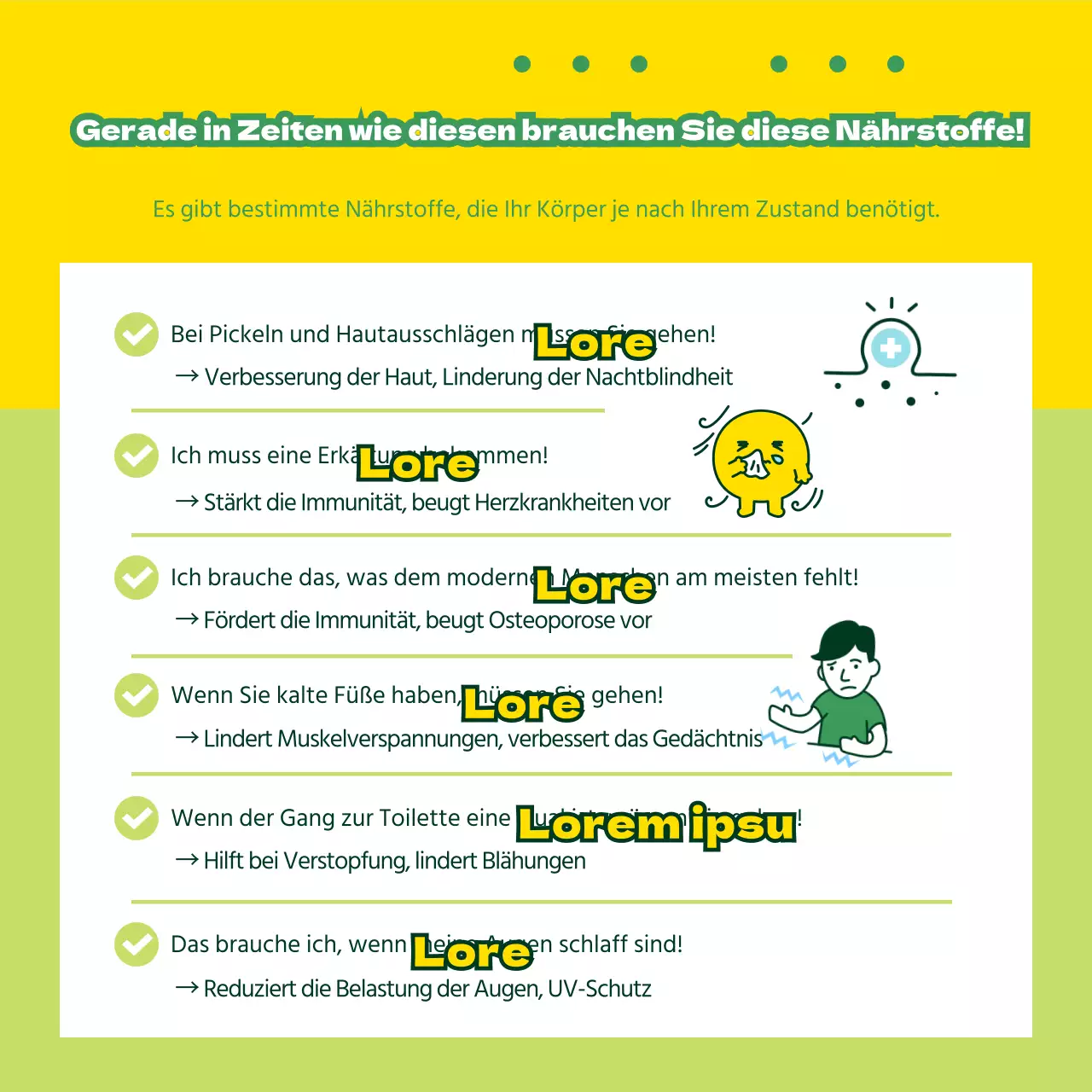 Förderung von Ernährungsprodukten mit gelben und grünen Illustrationen