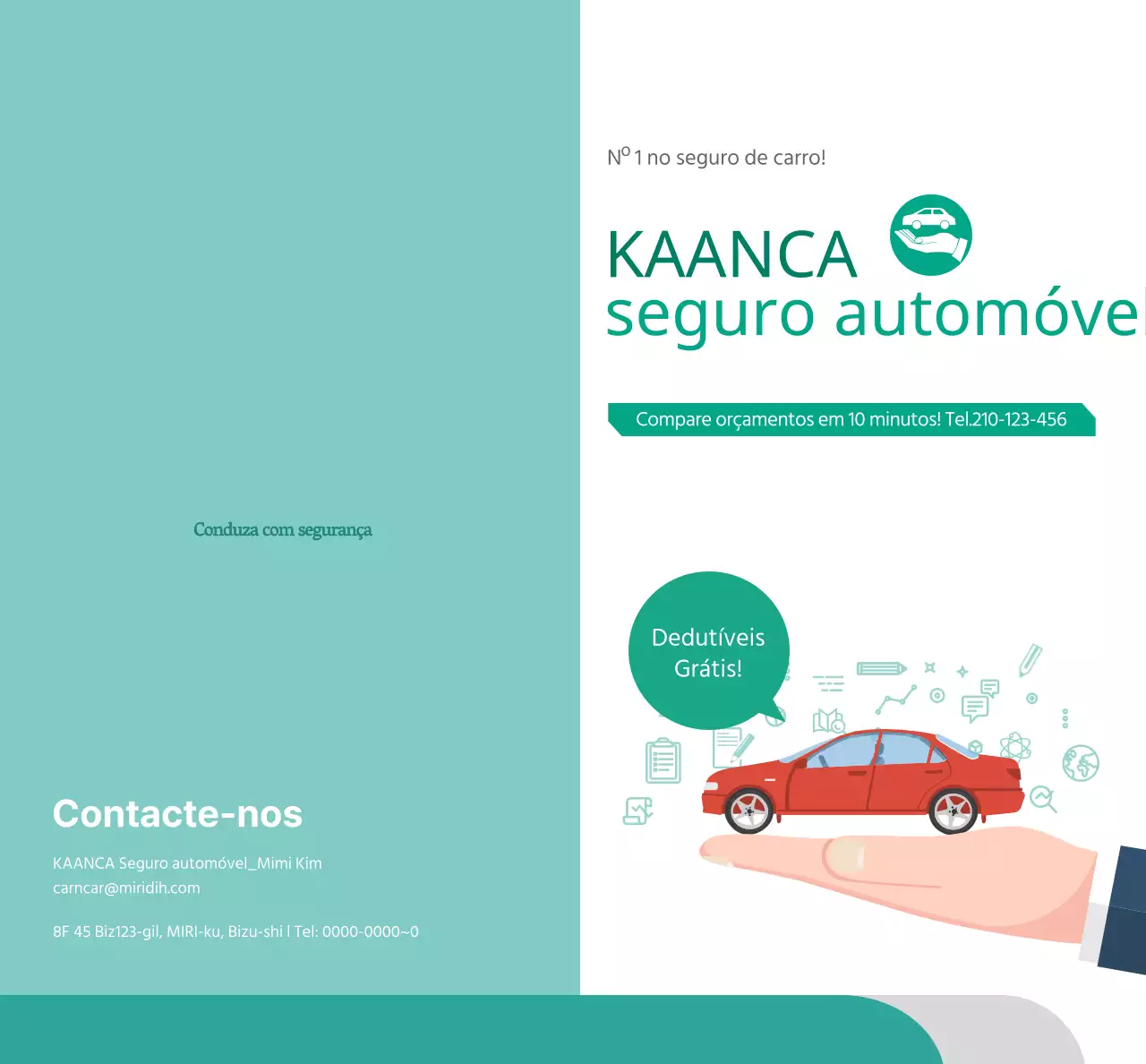Promover o seguro automóvel com fotografias e pictogramas de automóveis em azul-turquesa e branco