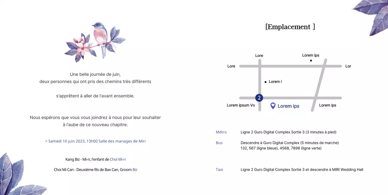 Invitation de mariage avec des fleurs d'amour et des perroquets dans les tons roses