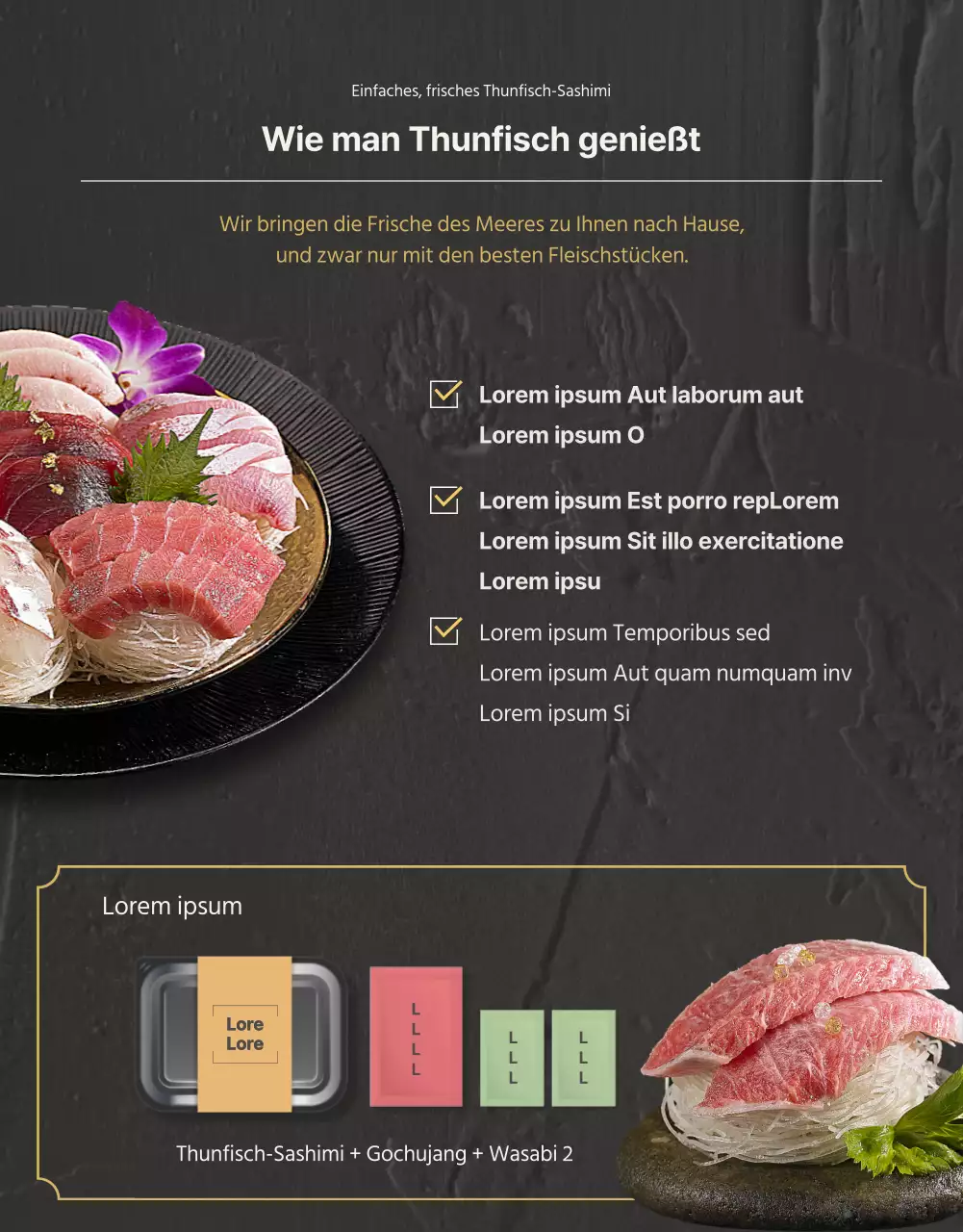 Detailseite für den Verkauf von Premium-Thunfisch in dunklen Farben