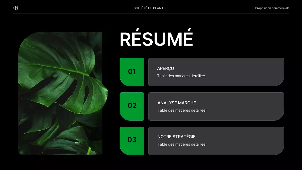 Proposition d'affaires pour une entreprise avec un concept de feuilles naturelles noires et vertes