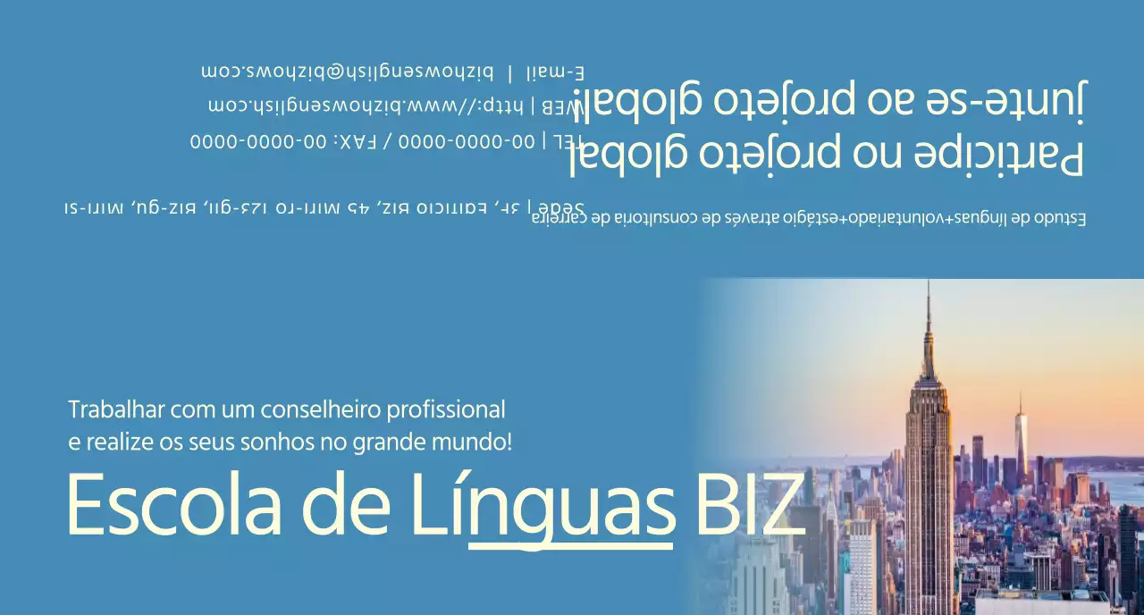 Promoção de uma escola de línguas com fotografias azuis e amarelas de paisagens estrangeiras