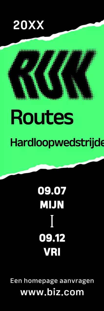 Een opvallende promotiebanner voor de marathon met felgroene, zwart-witte tekst en illustraties over de race.