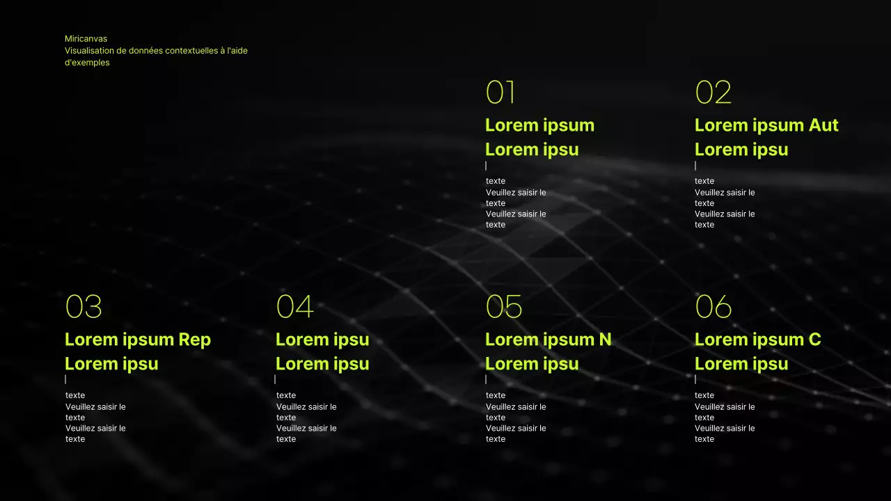 Présentation infographique d'entreprise avec un thème dégradé noir et chartreuse