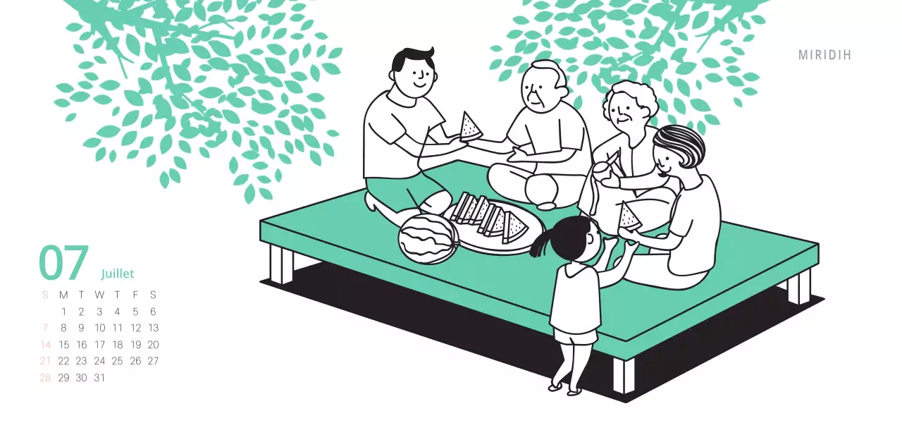 Calendrier de bureau illustré vert sur le thème de la famille