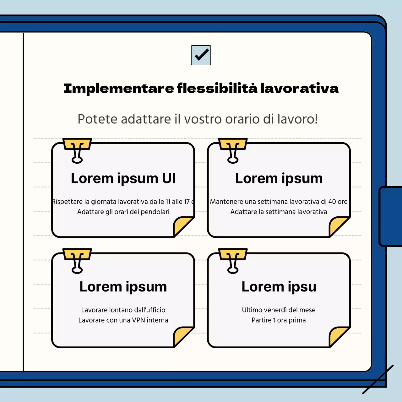 Guida ai benefici aziendali in un taccuino blu chiaro e blu navy