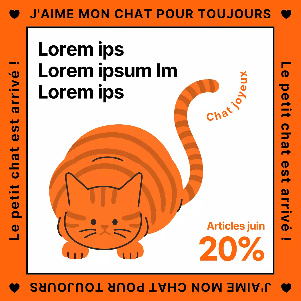 Une jolie promotion illustrée, de couleur orange, pour des articles pour chats.