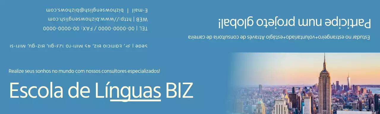 Promoção de uma escola de línguas com fotografias azuis e amarelas de paisagens estrangeiras