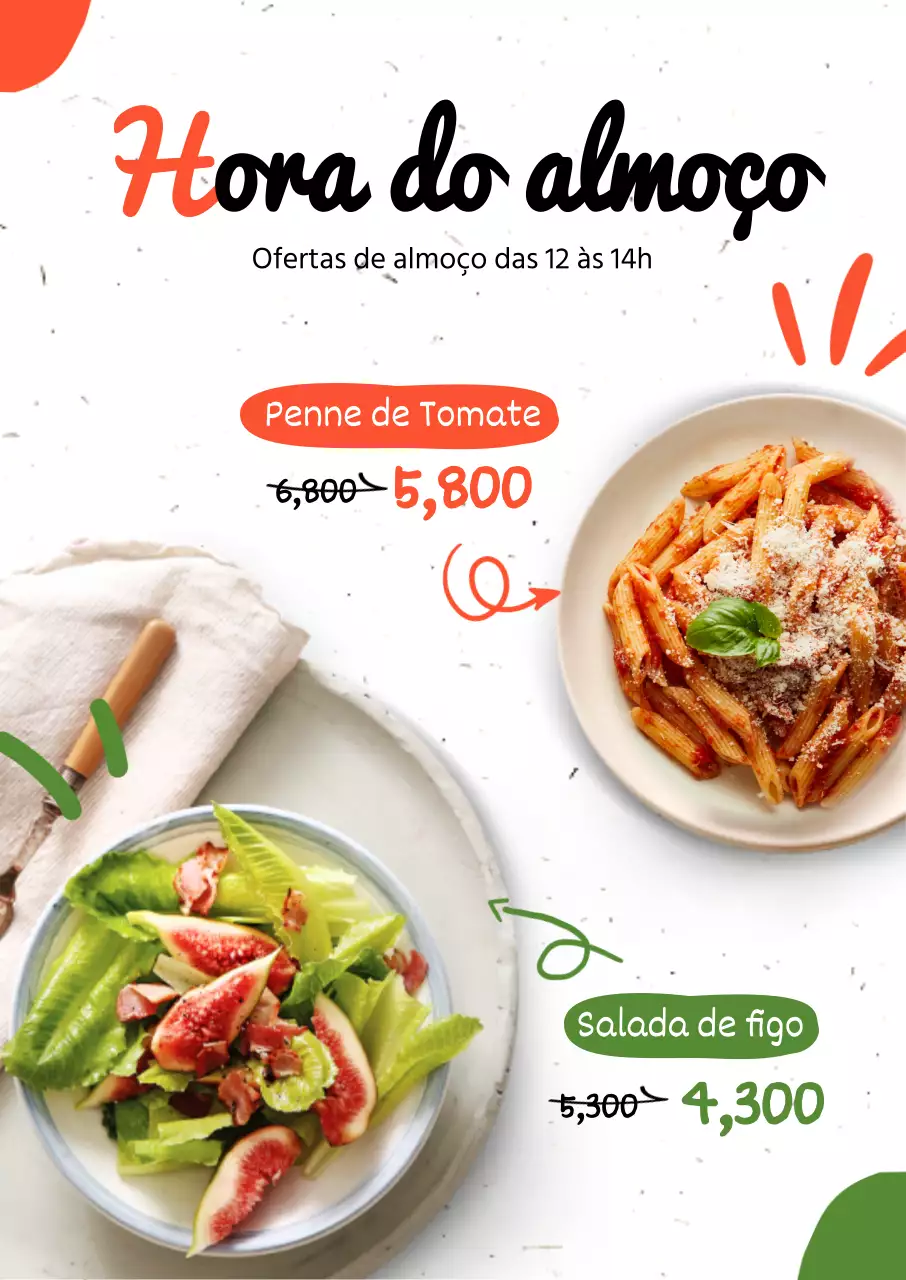 Utilizar o laranja e o verde para promover descontos em menus de massas e saladas