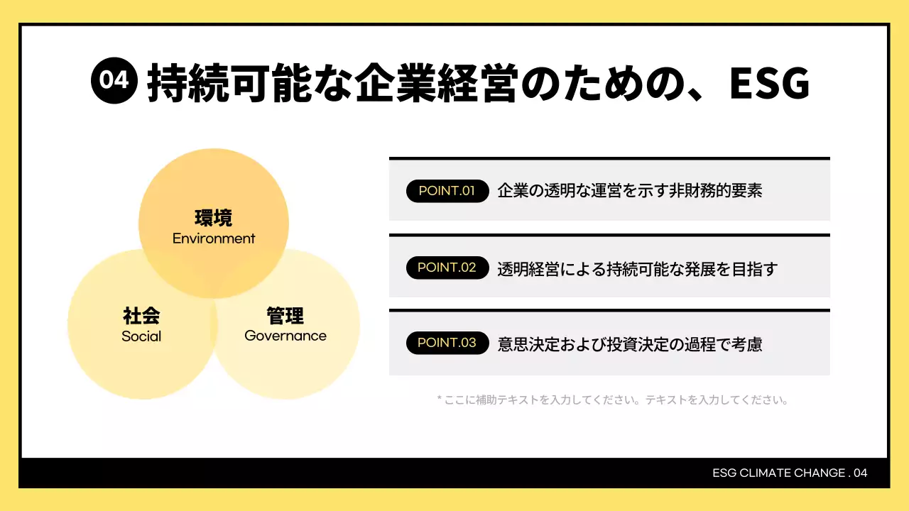 黄色と黒のシンプルなESGと気候変動への対応