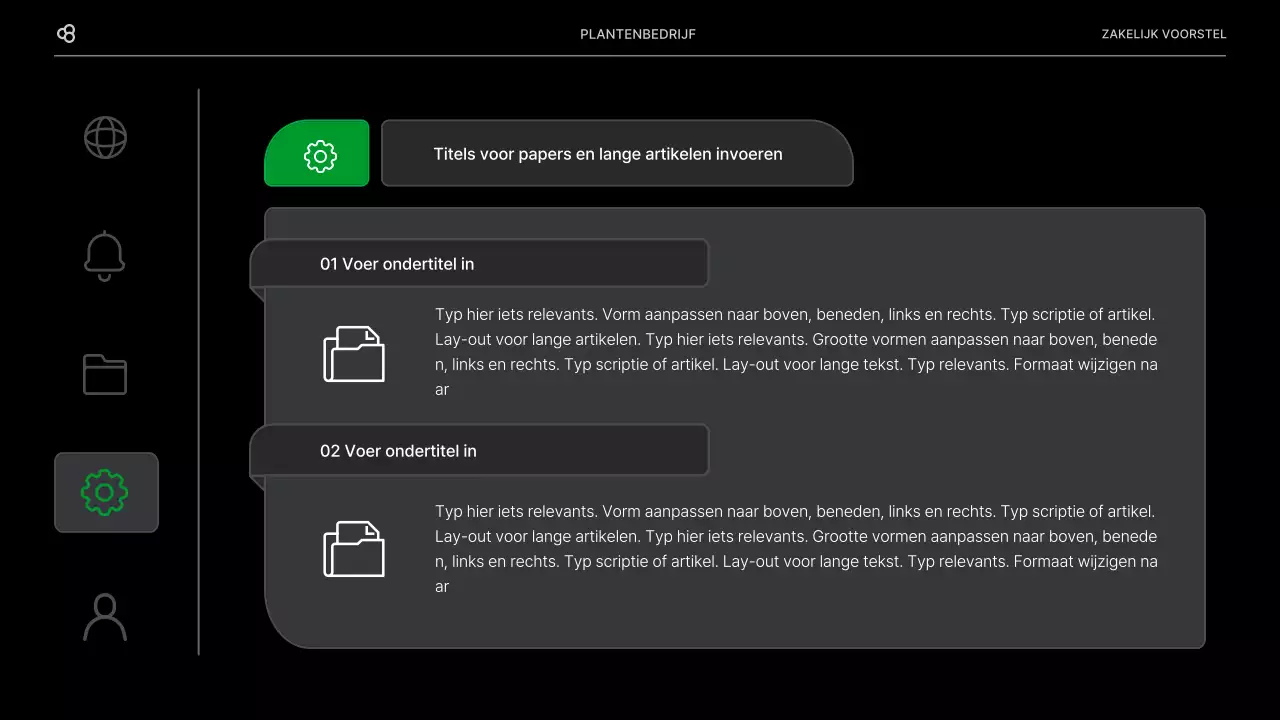 Zakelijk voorstel voor een bedrijf met een zwart en groen natuurlijk bladconcept