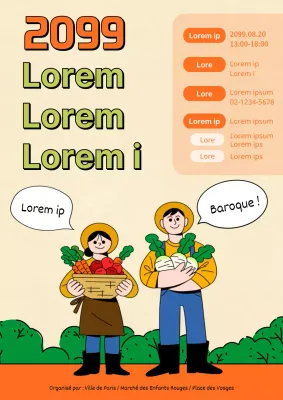 Une illustration linéaire simple avec des accents de couleur orange et verte pour promouvoir un marché de producteurs.