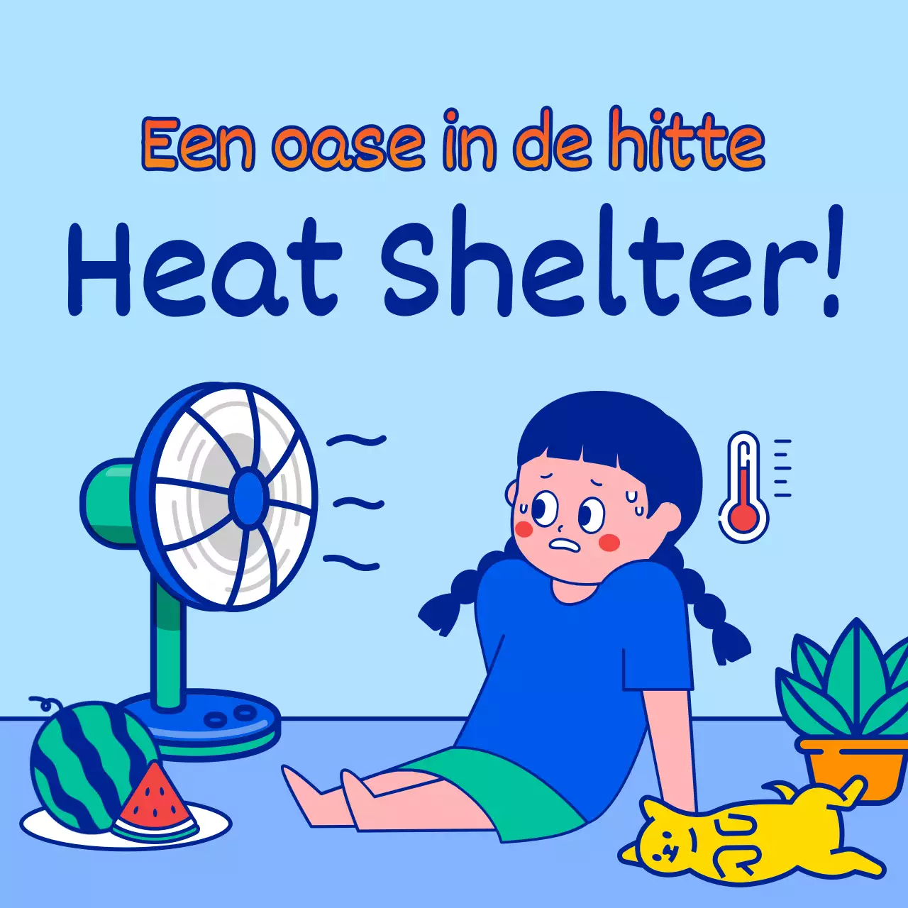 Zomer hittegolf onderdak schema outreach met schattige en eenvoudige karakter illustraties in lichtblauw en blauw.