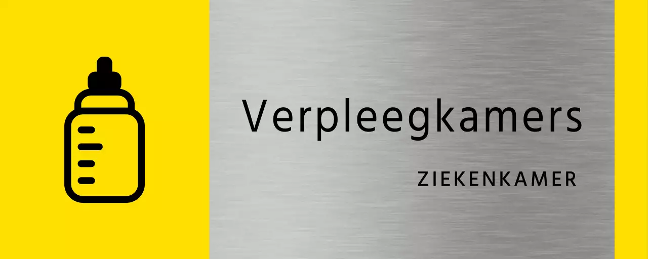 Eenvoudige plaatsaanduiding in geel en zwart met de naam van de lactatieruimte van het gebouw en een vierkant babyflespictogram.