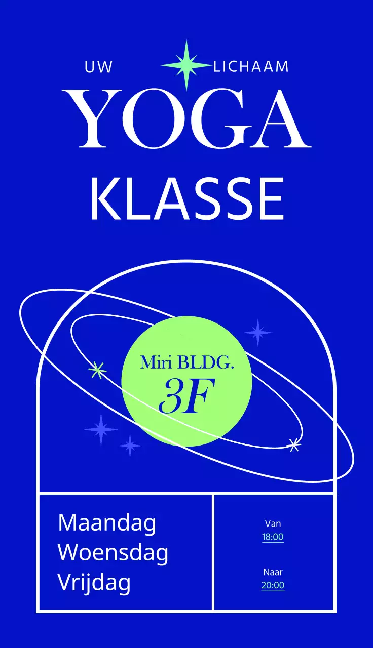 Een hip uithangbord voor een yogastudio met kleurrijke tekst en lijnillustraties van vormen en lessen.