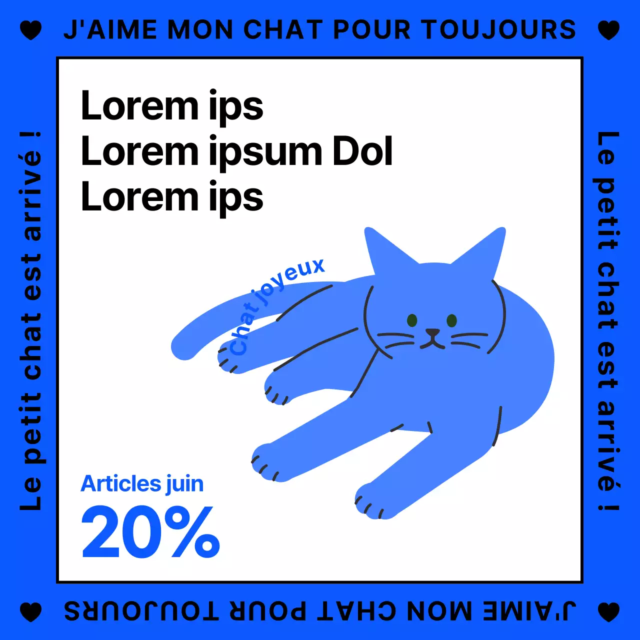 Une jolie promotion illustrée, de couleur bleue, pour des produits destinés aux chats.