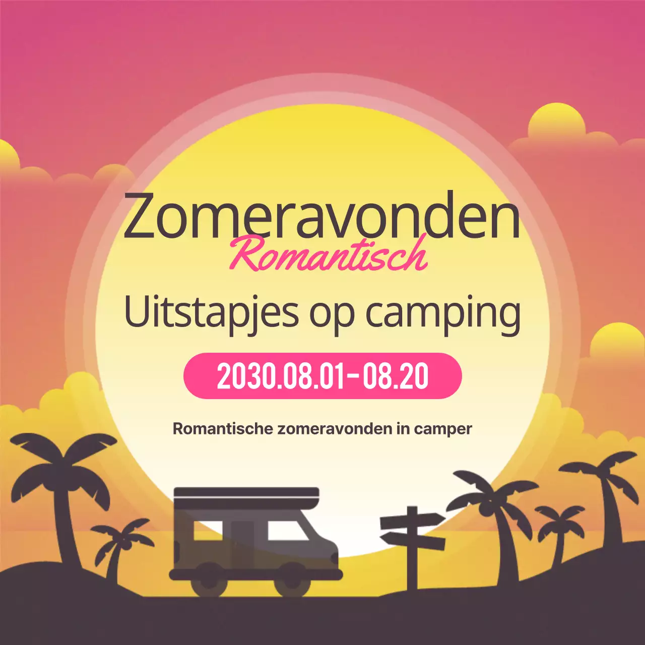 Een eenvoudige roze en gele aankondiging voor een kampeertrip