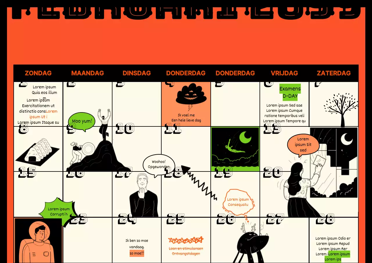 Schattige vintage Munsley kalender met oranje achtergrond