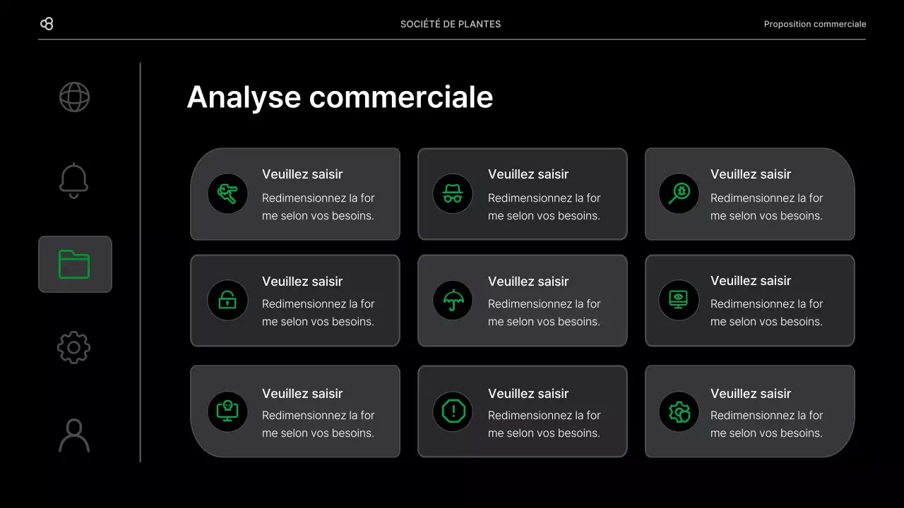 Proposition d'affaires pour une entreprise avec un concept de feuilles naturelles noires et vertes