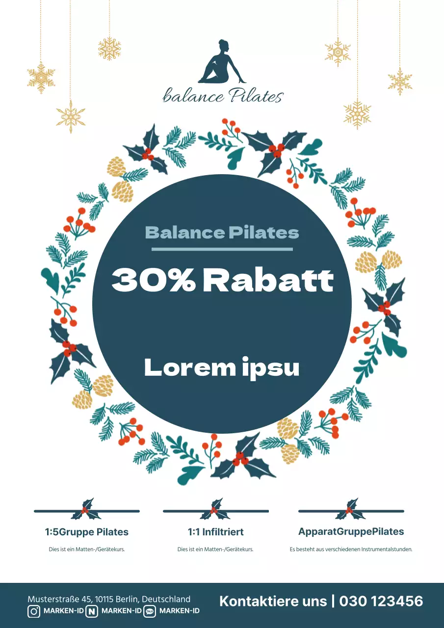 Stilvoller Werbeflyer für Pilates-Studio zu Weihnachten in Grün und Weiß