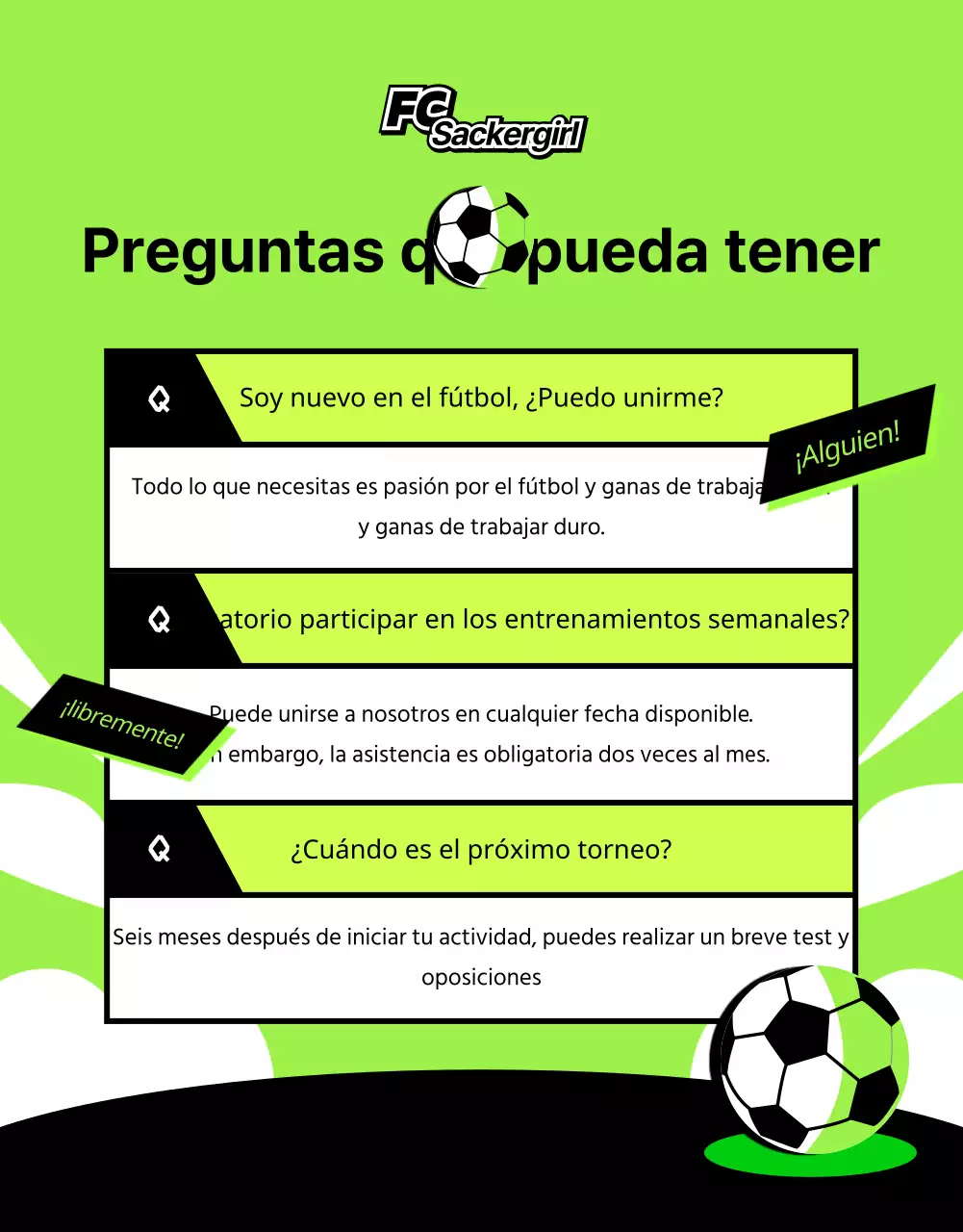 Contratación dinámica de fútbol femenino en verde lima y negro