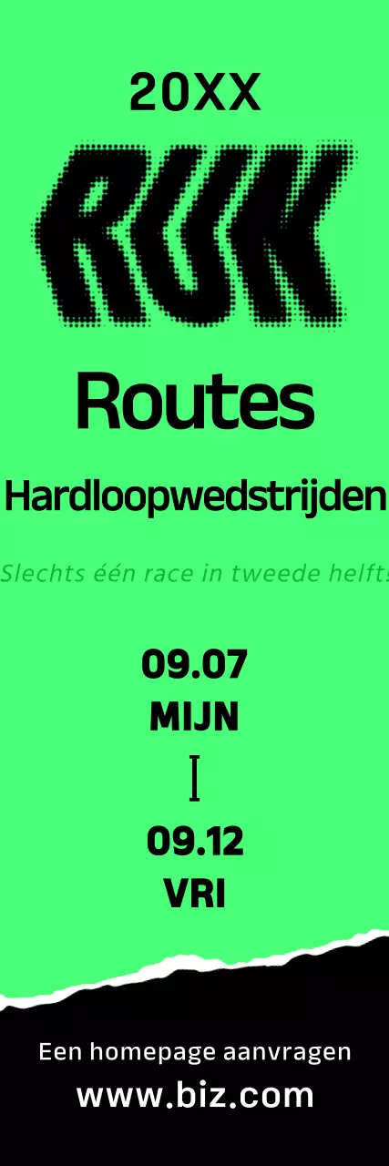 Een opvallende promotiebanner voor de marathon met felgroene, zwart-witte tekst en illustraties over de race.