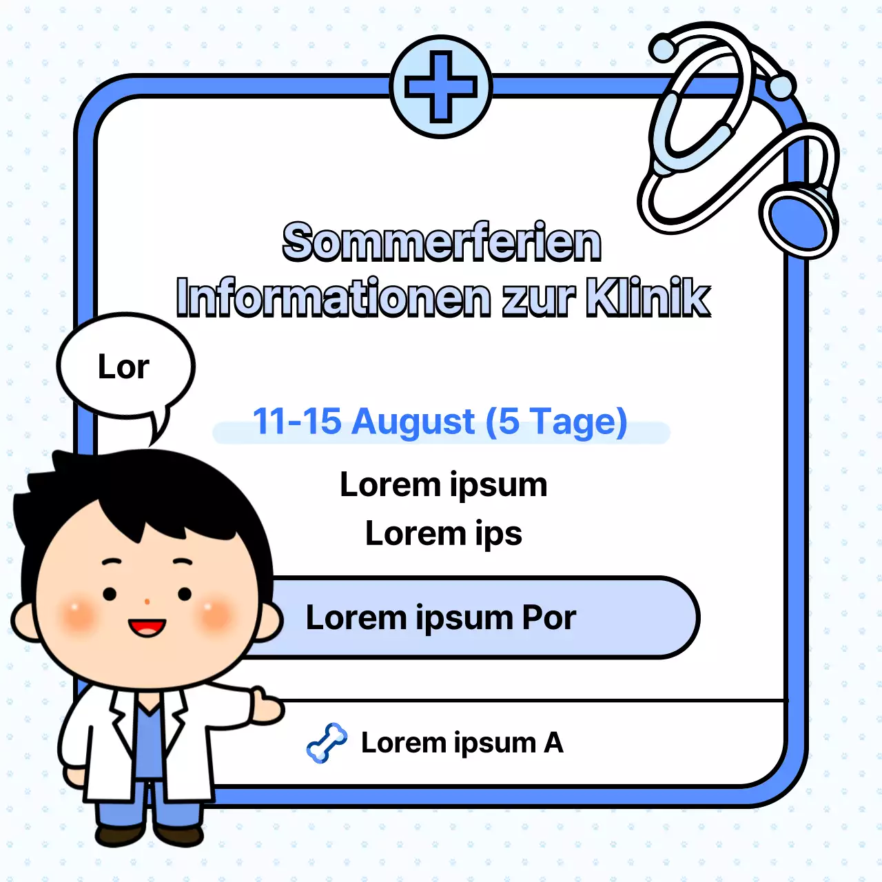 Kitschige blau-weiße Ankündigung der Sommerschließung eines Krankenhauses