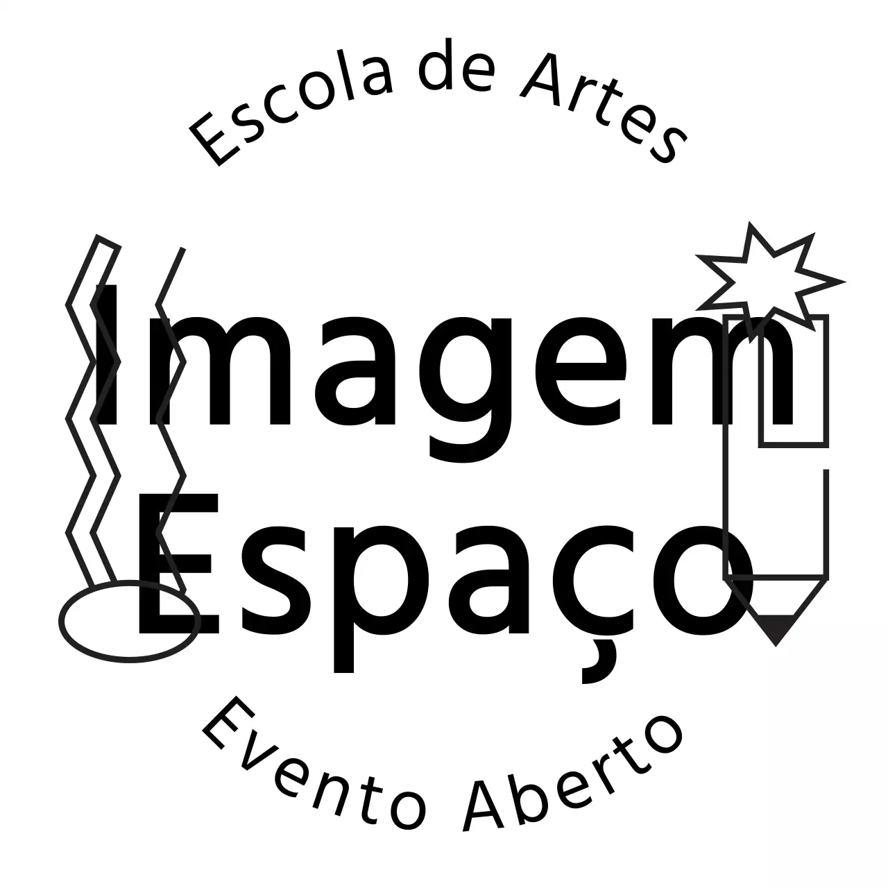 Promover uma escola de arte com texto a preto e ilustrações de linhas
