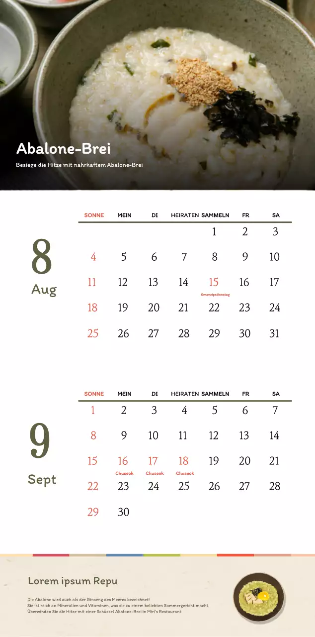 Traditioneller koreanischer Restaurantkonzept-Gutscheinkalender in Beige und Braun