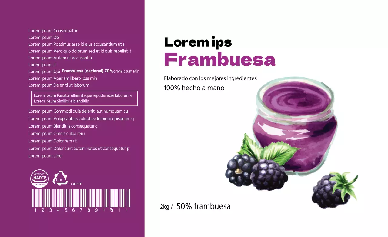Mermelada de frambuesa con ilustración morada expositor de información alimentaria