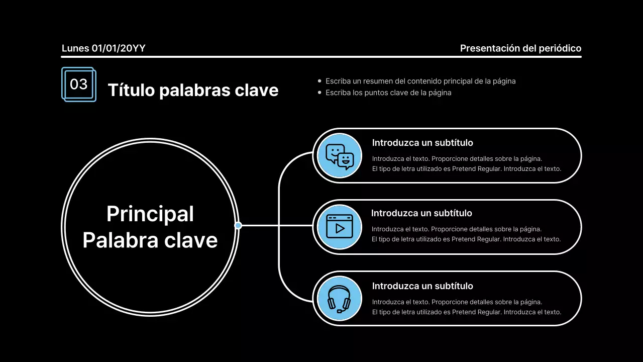 Presentación llamativa con líneas atrevidas en un concepto de periódico sobre fondo negro