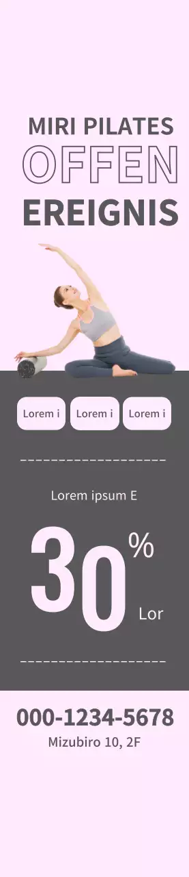 Pilates Open Event Windbanner mit grauen Quadraten auf rosa Hintergrund