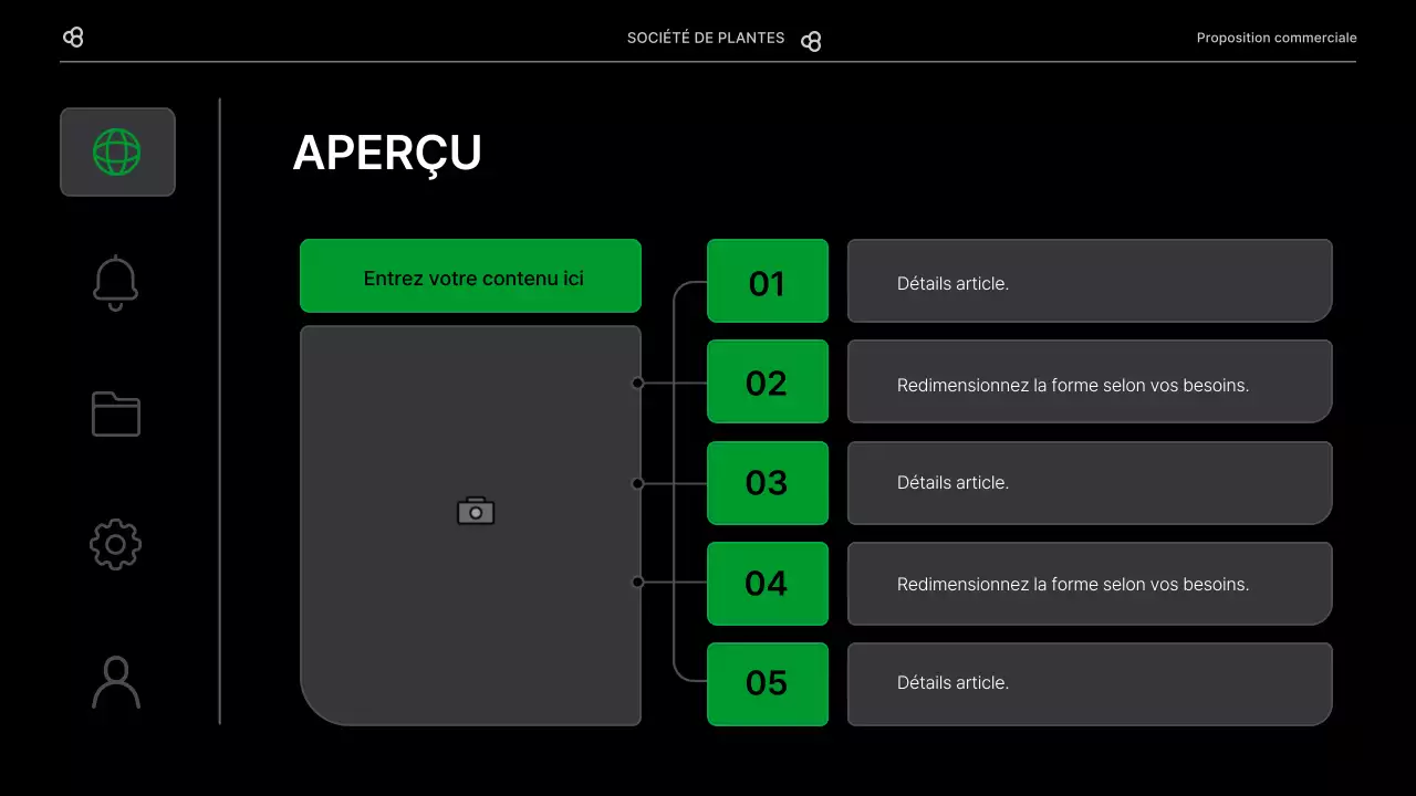 Proposition d'affaires pour une entreprise avec un concept de feuilles naturelles noires et vertes