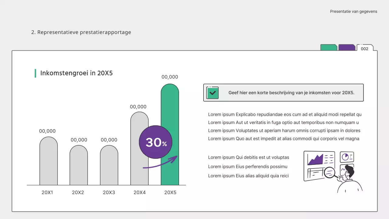 Eenvoudige groene en paarse grafieken en infografische presentatie