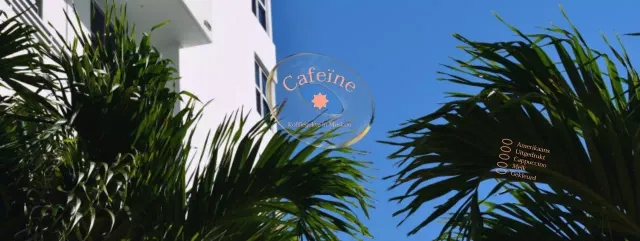 Promoot een zomercafé met witte gebouwen en planten tegen een blauwe luchtachtergrond