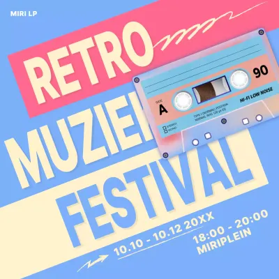 Een retro aankondiging van een muziekfestival in lichtblauw en geel