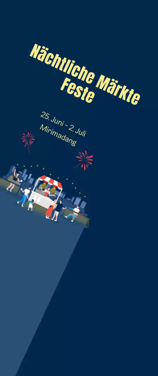 Nachtmarkt Festival Förderung klein mit Feuerwerk auf marineblauem Hintergrund