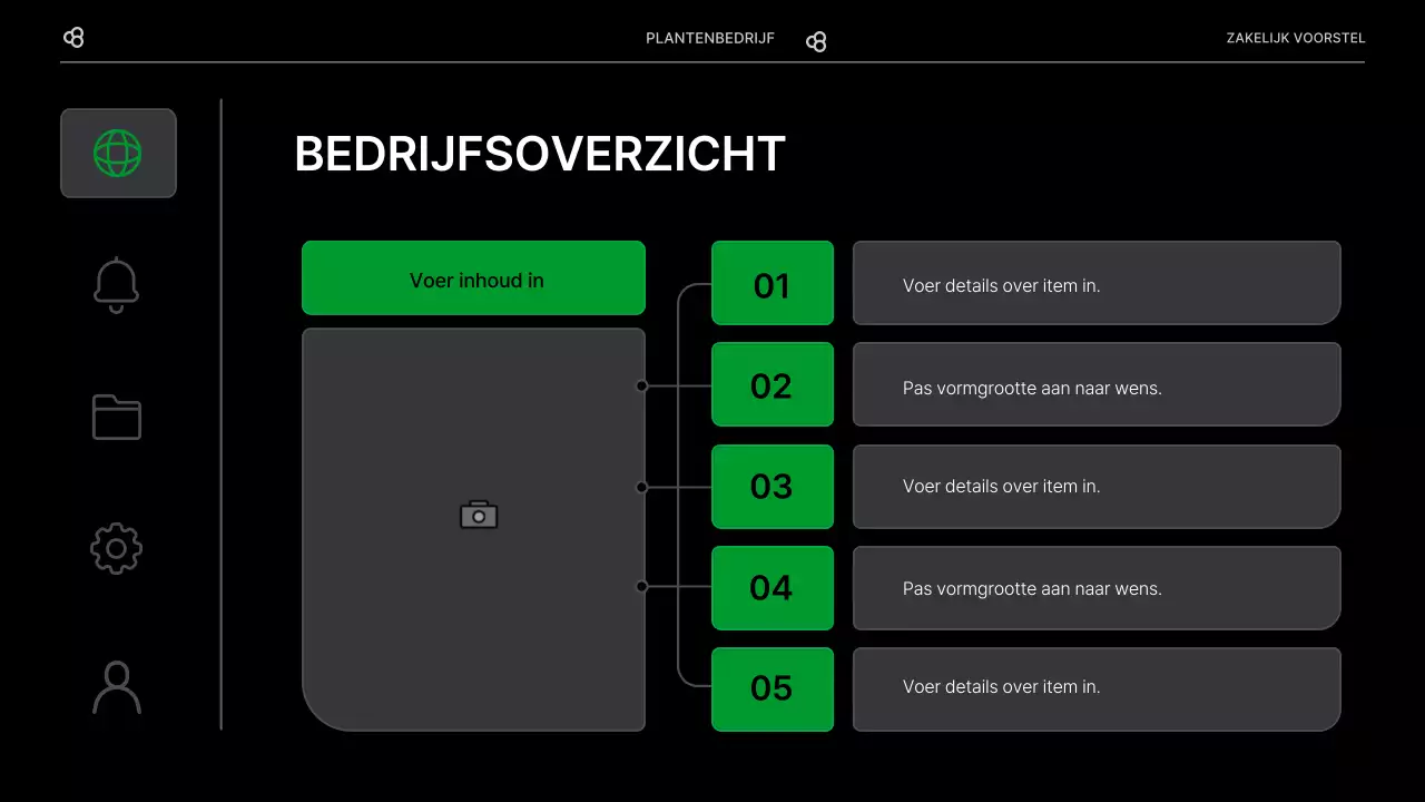 Zakelijk voorstel voor een bedrijf met een zwart en groen natuurlijk bladconcept