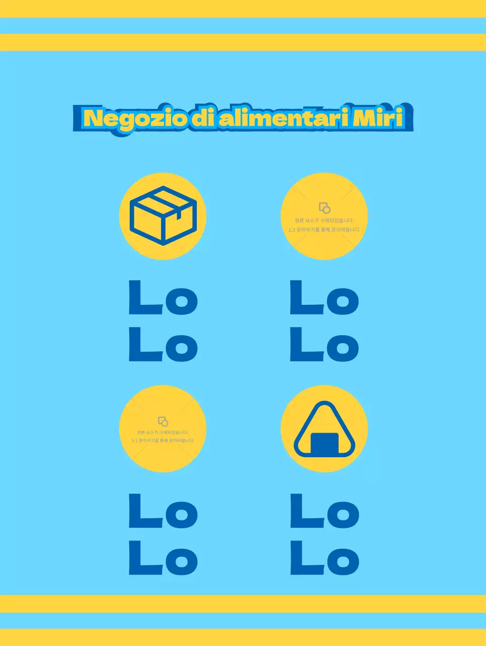 Negozio di alimentari con icone blu e gialle che promuovono vari servizi