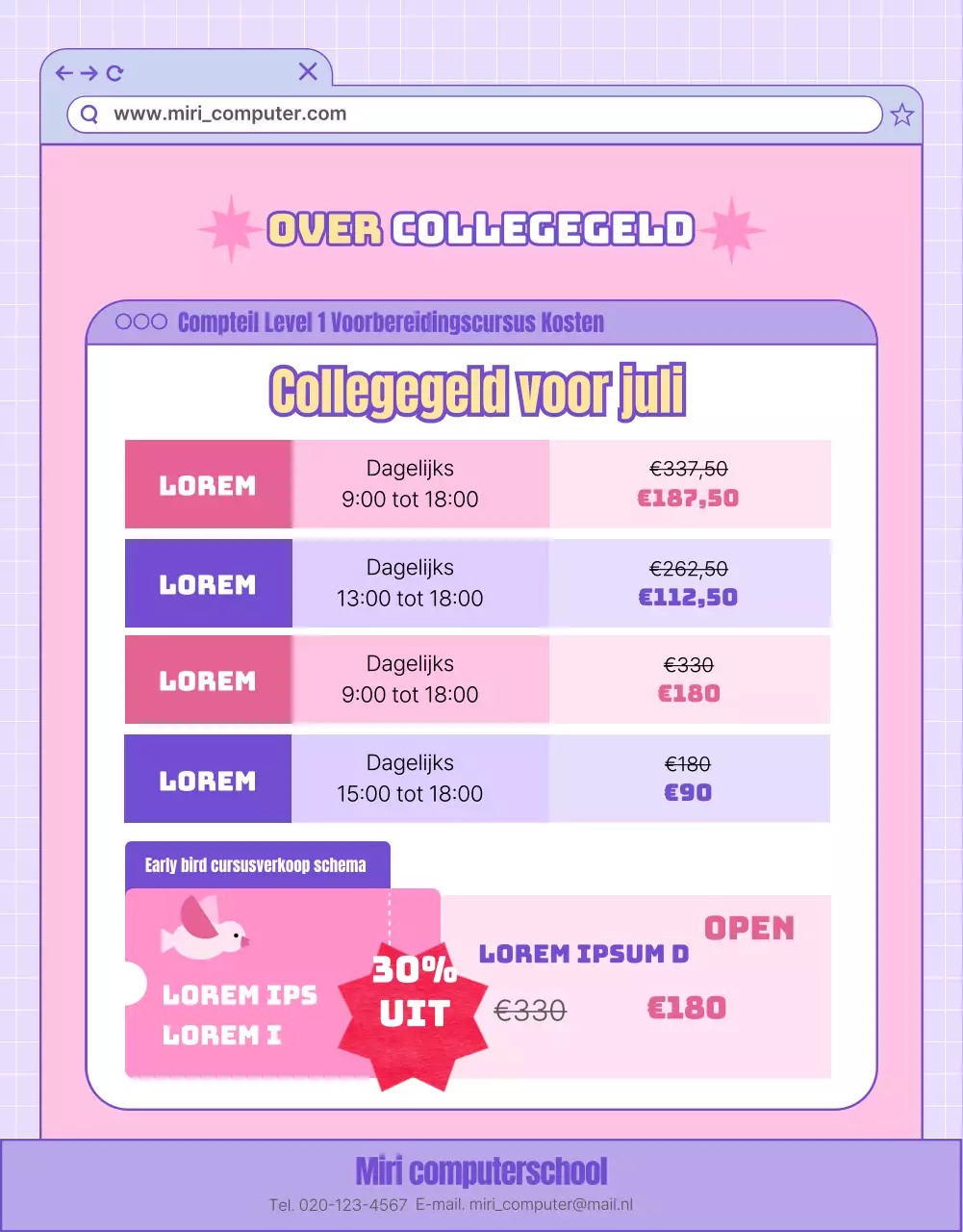 Bevorder computerlessen met een roze en paars websiteconcept