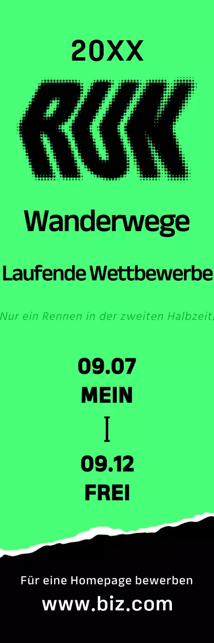 Ein plakatives Werbebanner für den Marathon mit leuchtend grünem, schwarz-weißem Text und Illustrationen zum Rennen.