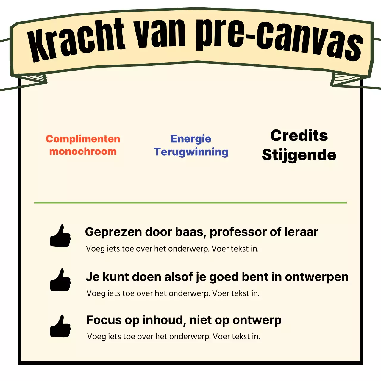 De kracht van pre-canvas, benadrukt door de gele lintbanners