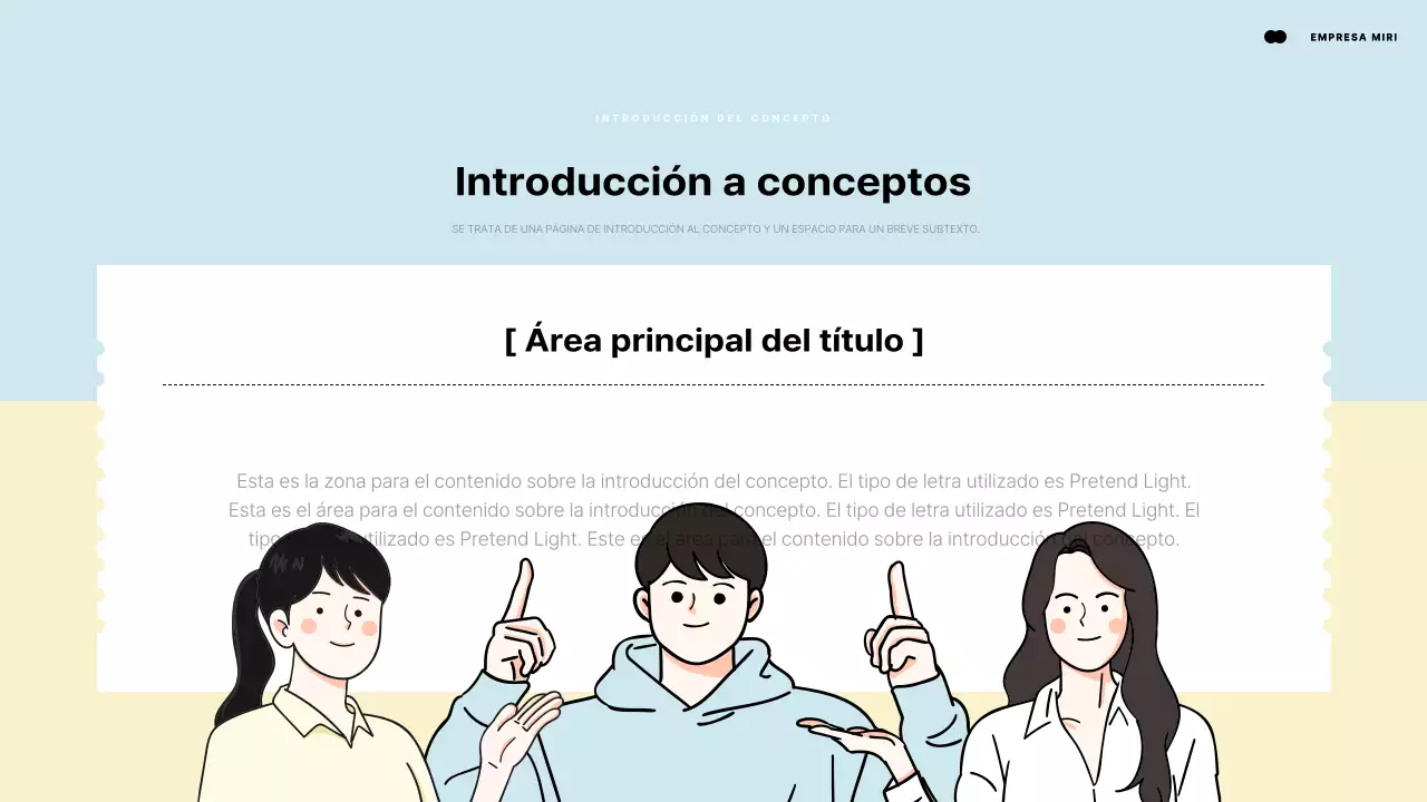 Presentación introductoria mediante un elemento humano que señala un espacio azul claro y amarillo