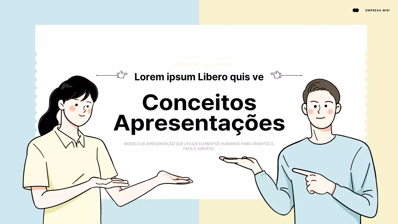 Apresentação introdutória com um elemento humano a apontar para um espaço azul claro e amarelo