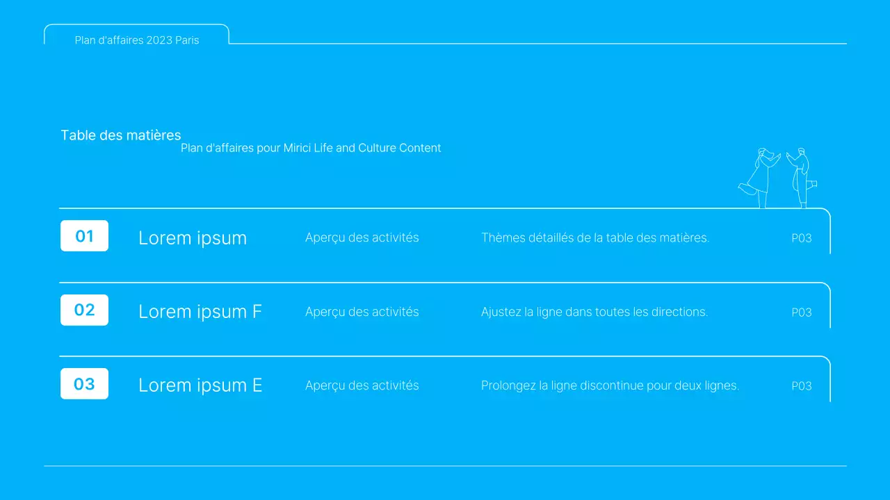 Une présentation de plan d'affaires de contenu culturel propre, en bleu et blanc